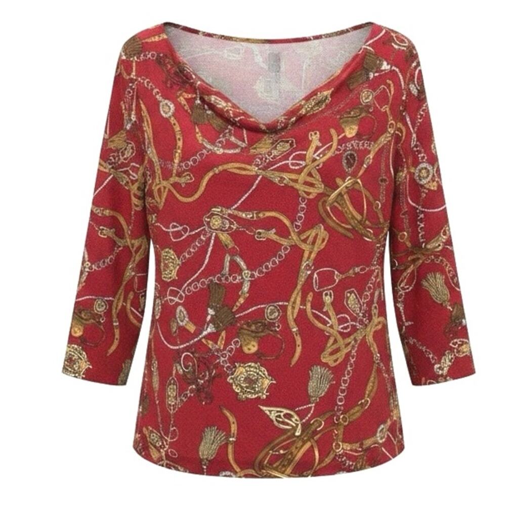 Talbots Equestrian Print Red Cowl Neck Blouse Horse Bits Tassels 3/4 Sleeve MP